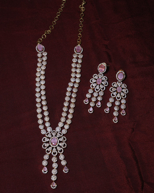 Victorian Style Crystal Necklace with Earrings - Pink