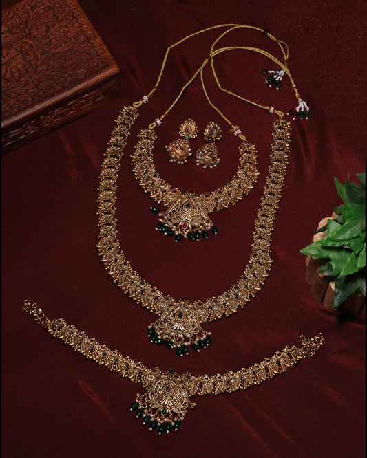 Antique Gold Temple Bridal Necklace Set with Hip Chain