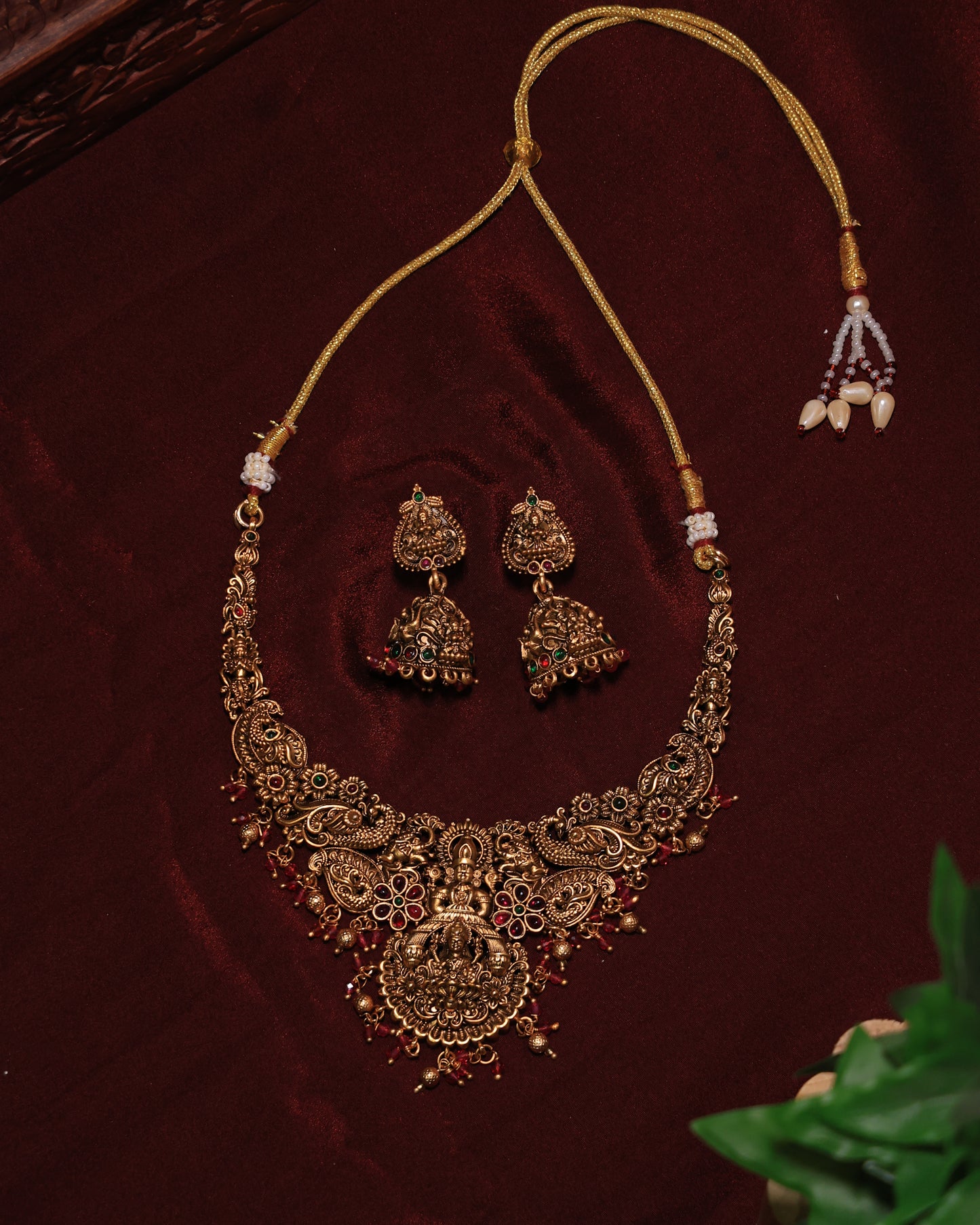 Bridal Antique Gold Lakshmi Haram with Jhumka Earrings