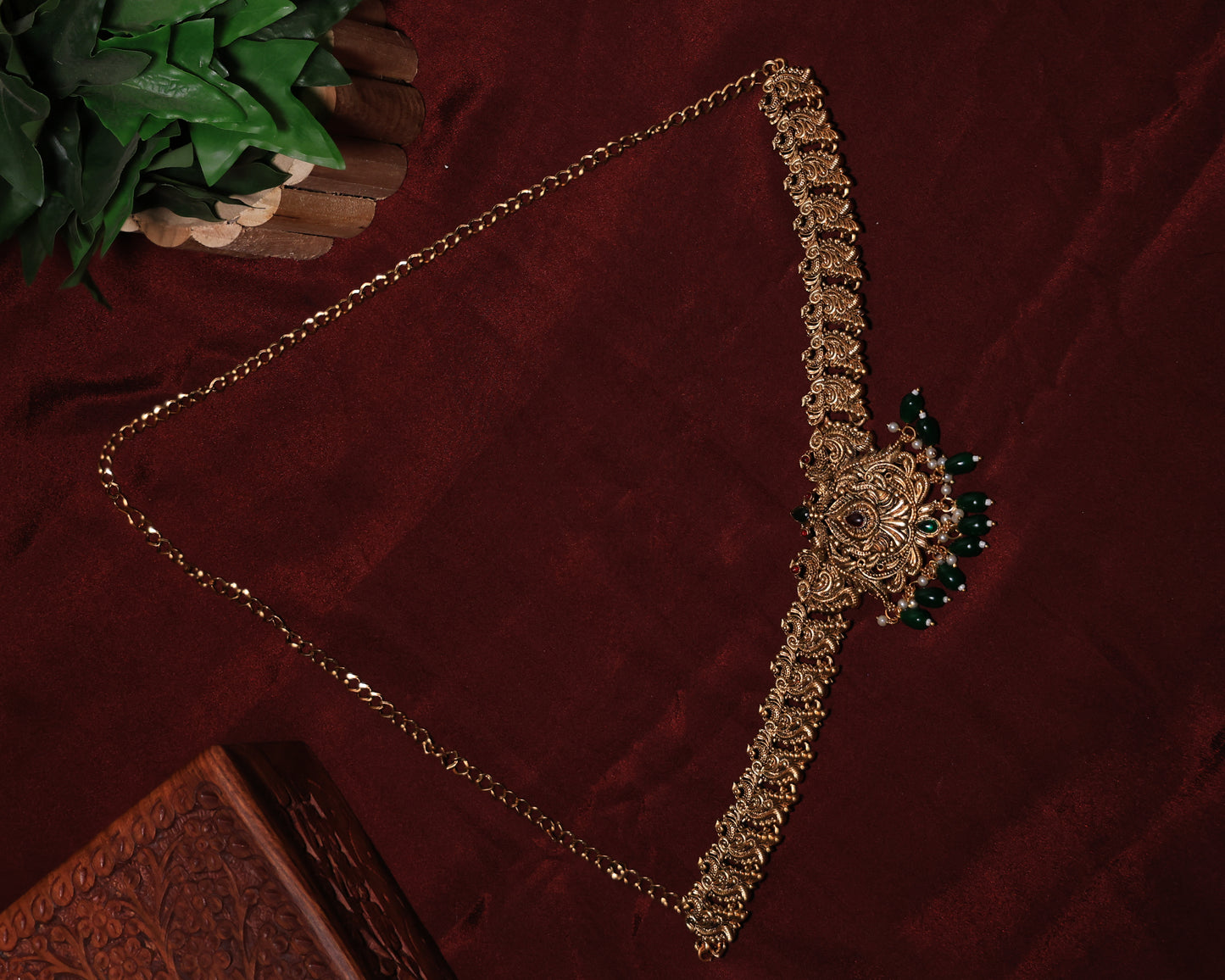 Antique Gold Temple Bridal Necklace Set with Hip Chain