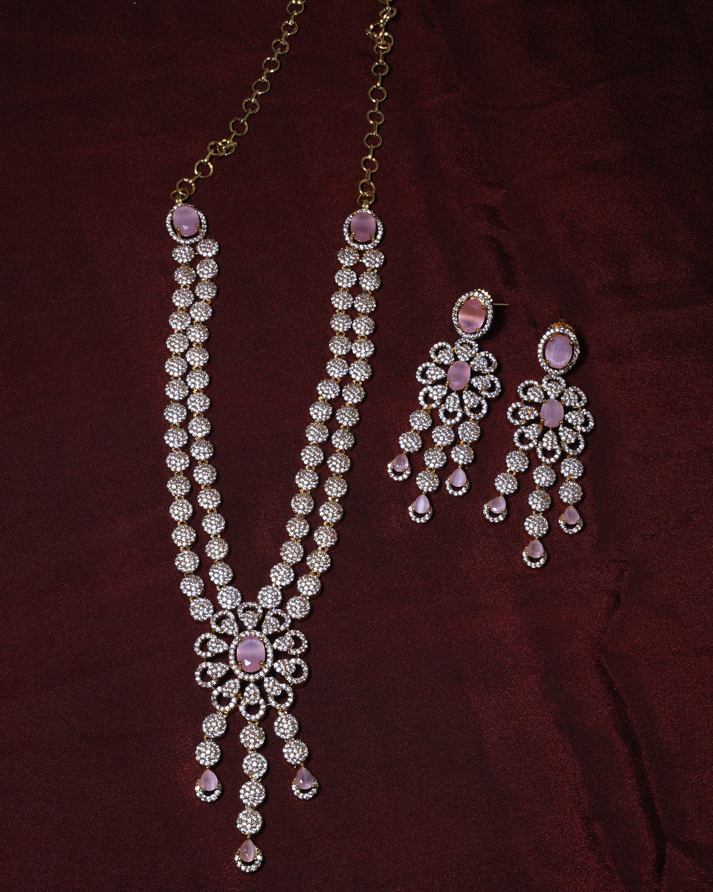 Victorian Style Crystal Necklace with Earrings - Pink
