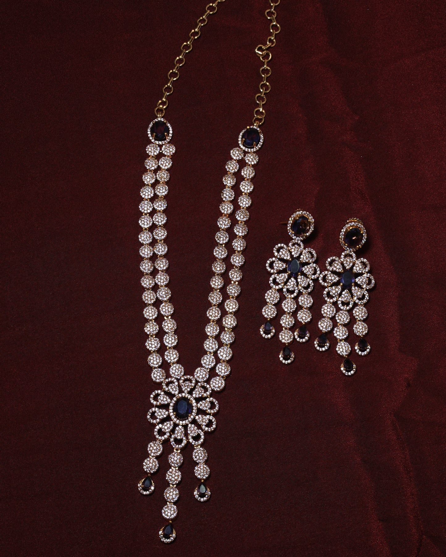Victorian Style Crystal Necklace with Earrings - Navy Blue
